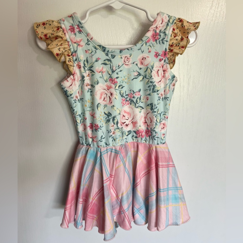 Floral and Plaid Dress with Ruffle Sleeves